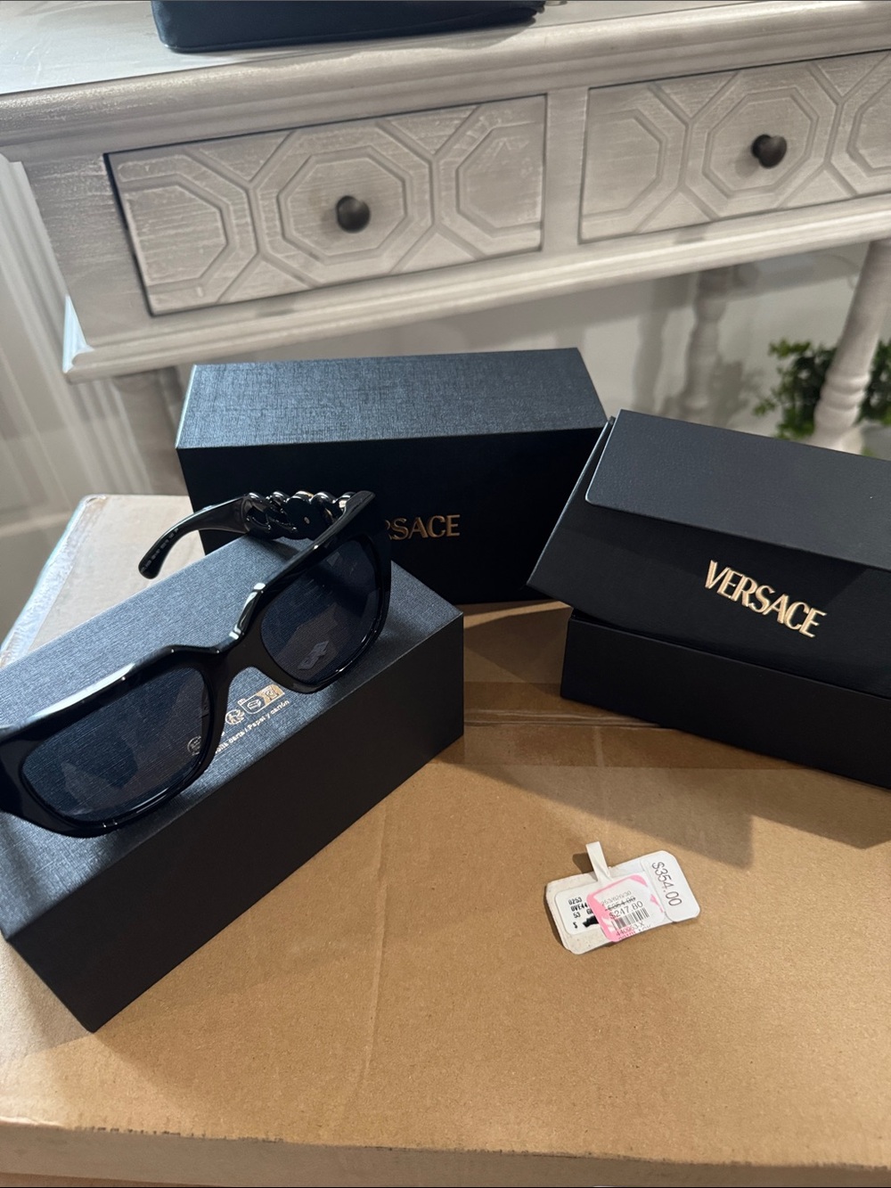 Versace Black Women’s Sunglasses with Twisted Chain Temples